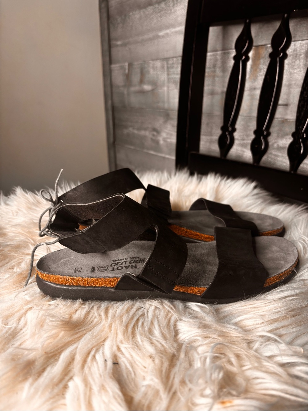 Naot Black Suede Cork Footbed orthopedic comfort ankle strap Sandals